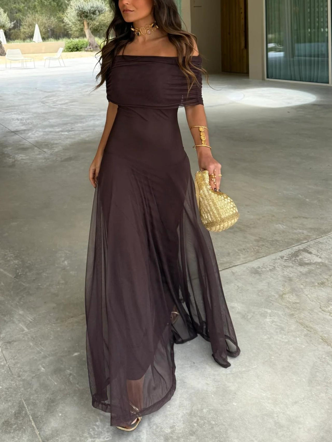 Women's Chiffon Off-Shoulder Maxi Dress – Gathered Bodice Lined Evening