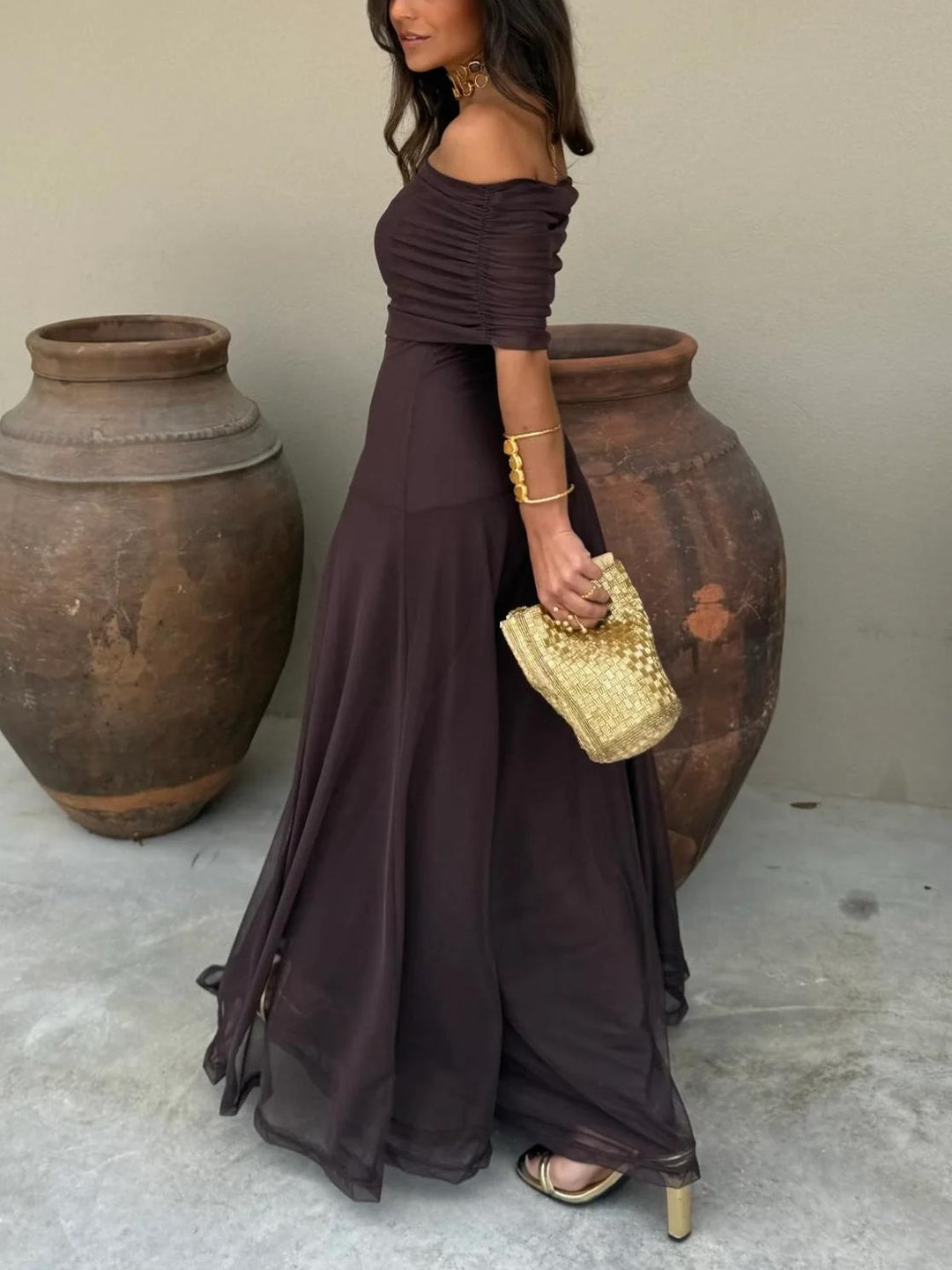 Women's Chiffon Off-Shoulder Maxi Dress – Gathered Bodice Lined Evening