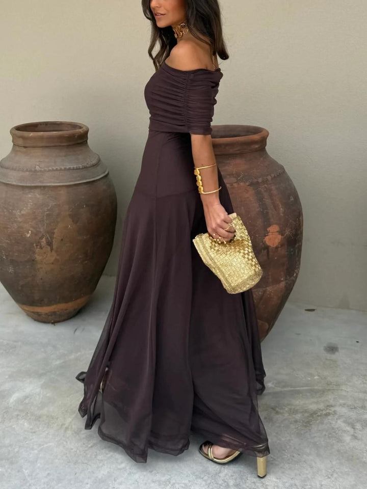 Women's Chiffon Off-Shoulder Maxi Dress – Gathered Bodice Lined Evening