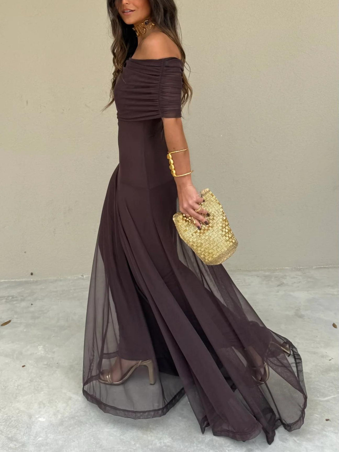 Women's Chiffon Off-Shoulder Maxi Dress – Gathered Bodice Lined Evening