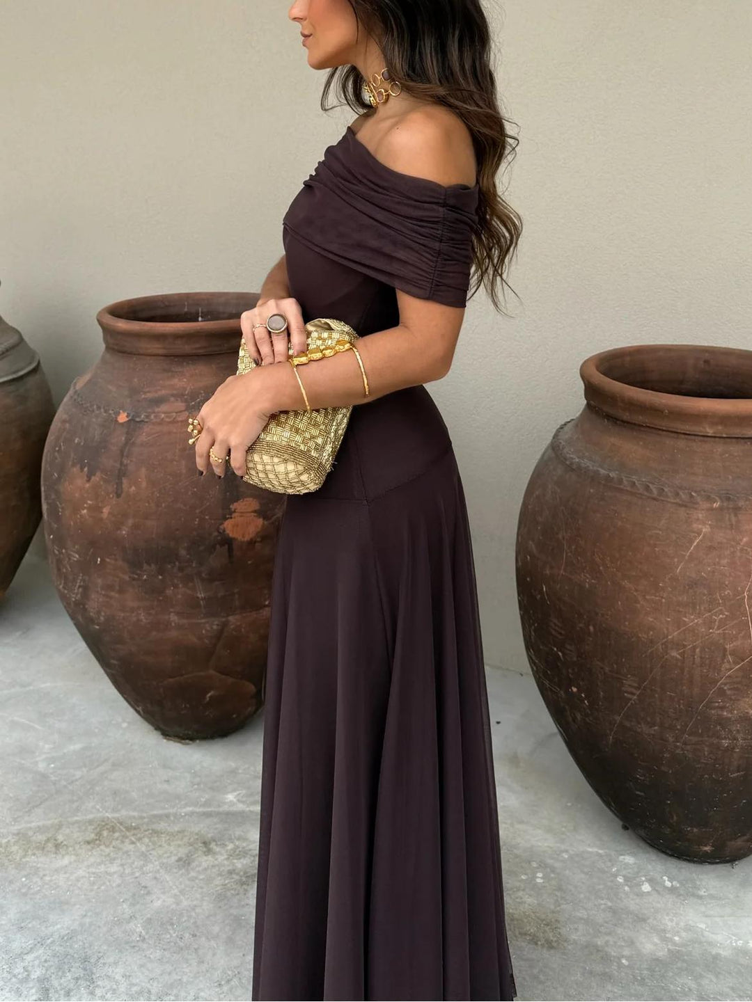 Women's Chiffon Off-Shoulder Maxi Dress – Gathered Bodice Lined Evening