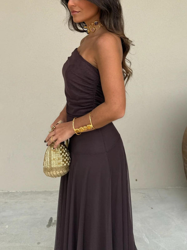 Women's Chiffon Off-Shoulder Maxi Dress – Gathered Bodice Lined Evening