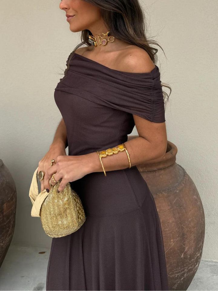 Women's Chiffon Off-Shoulder Maxi Dress – Gathered Bodice Lined Evening