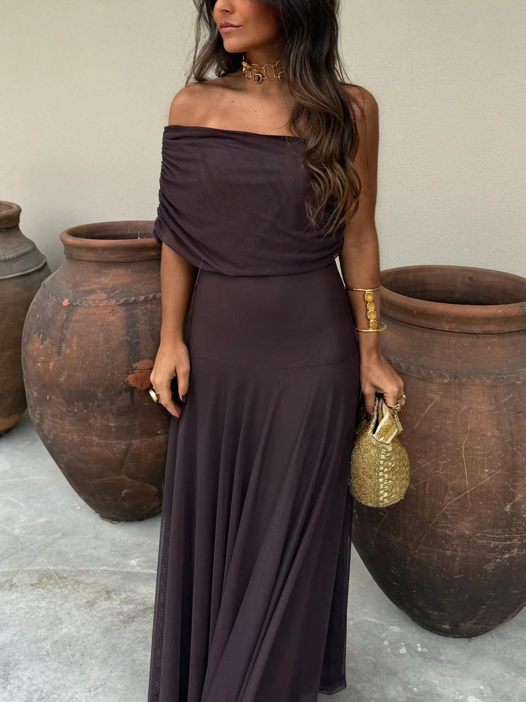 Women's Chiffon Off-Shoulder Maxi Dress – Gathered Bodice Lined Evening