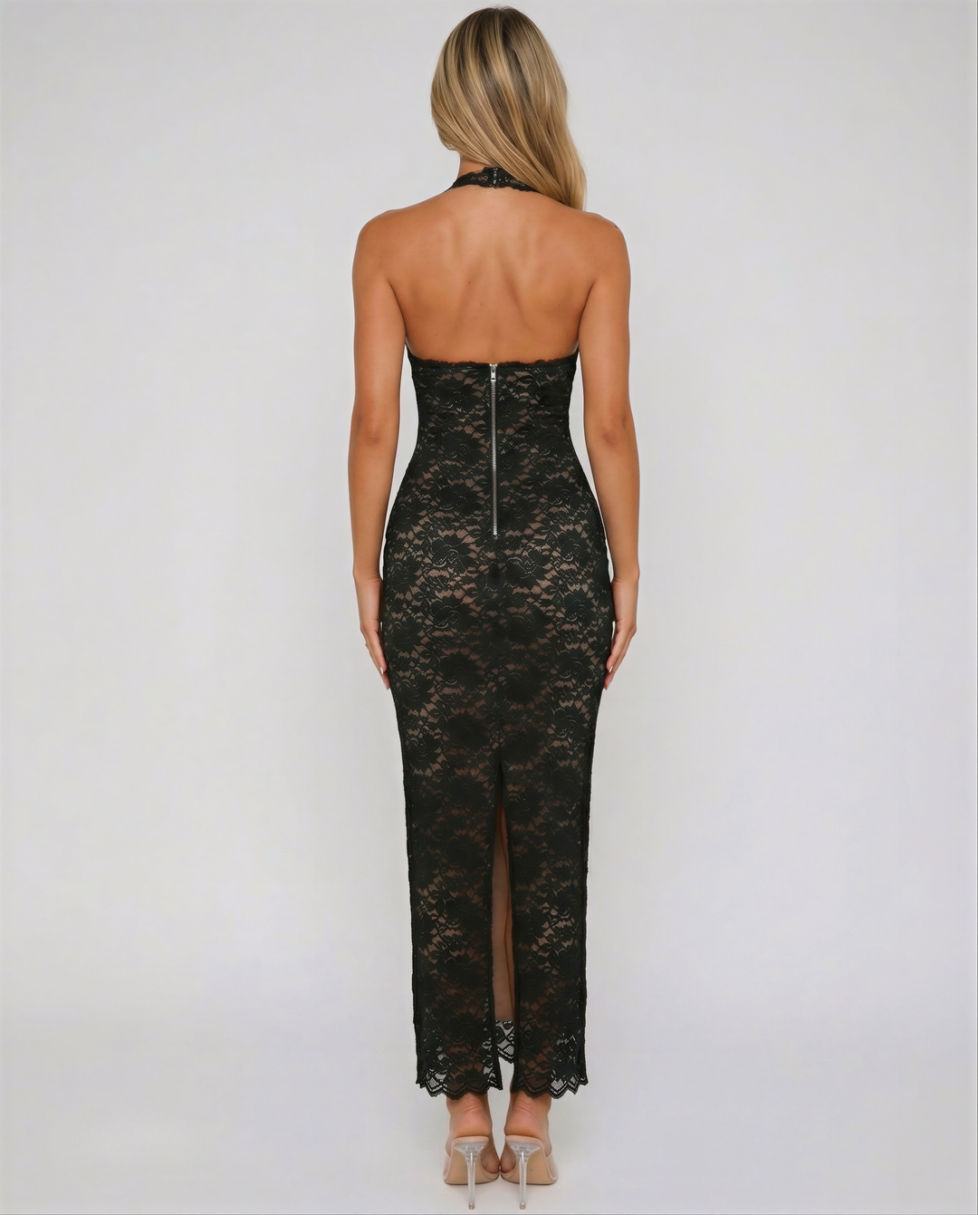 Open Back Lace Halter Maxi Dress – Plunge Neck Bodycon