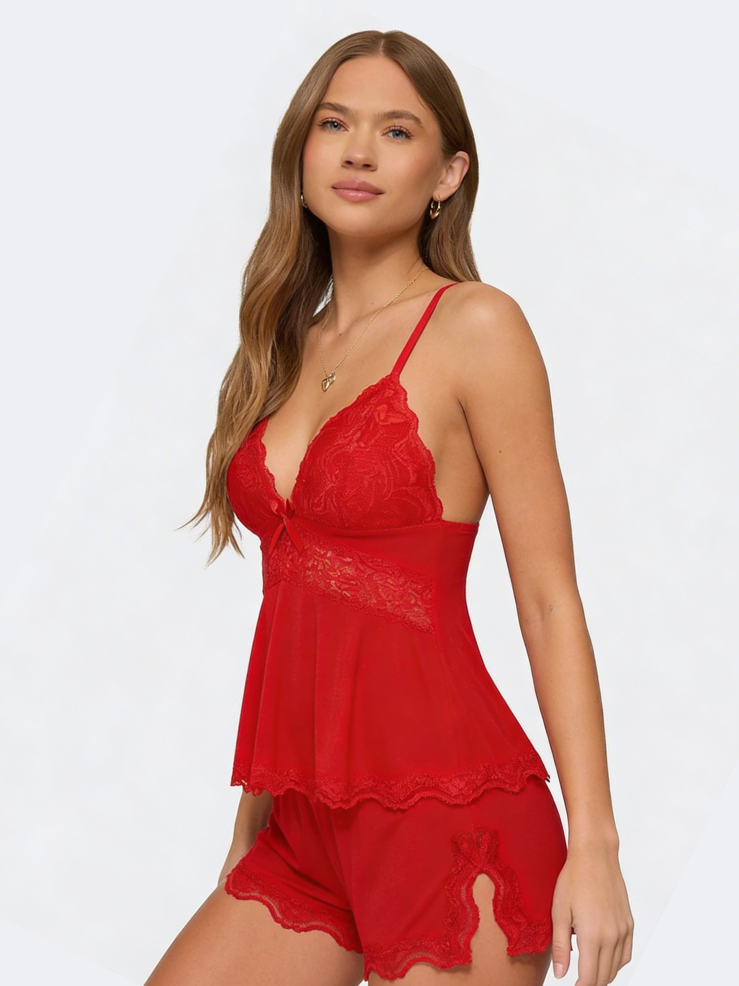 Women's Lounge Set – Lace Trim Cami & Shorts V-Neck