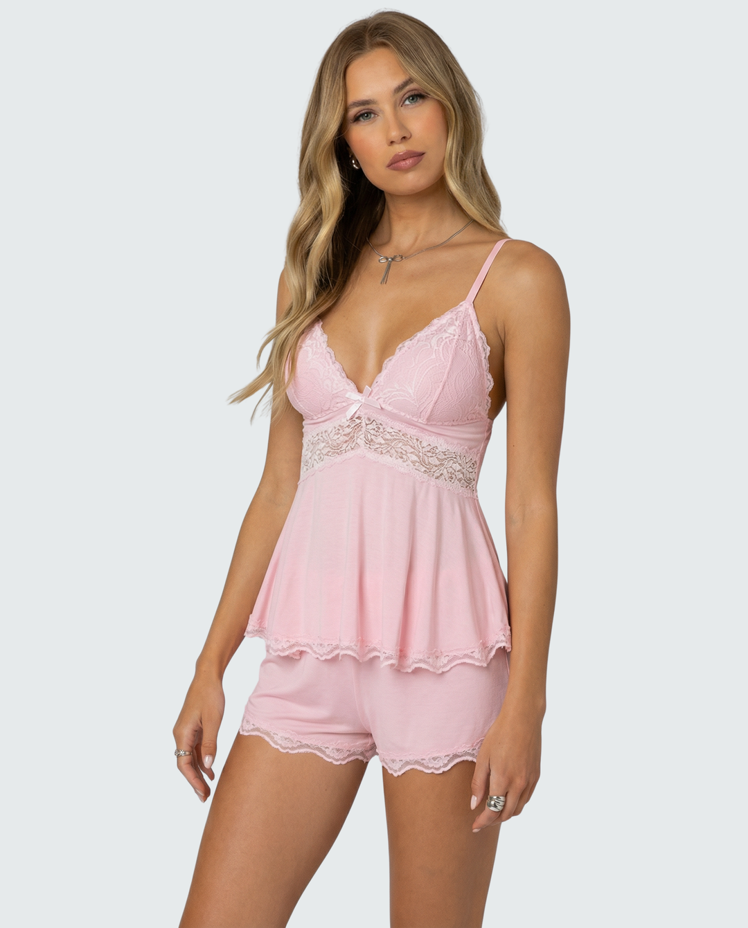 Women's Lounge Set – Lace Trim Cami & Shorts V-Neck