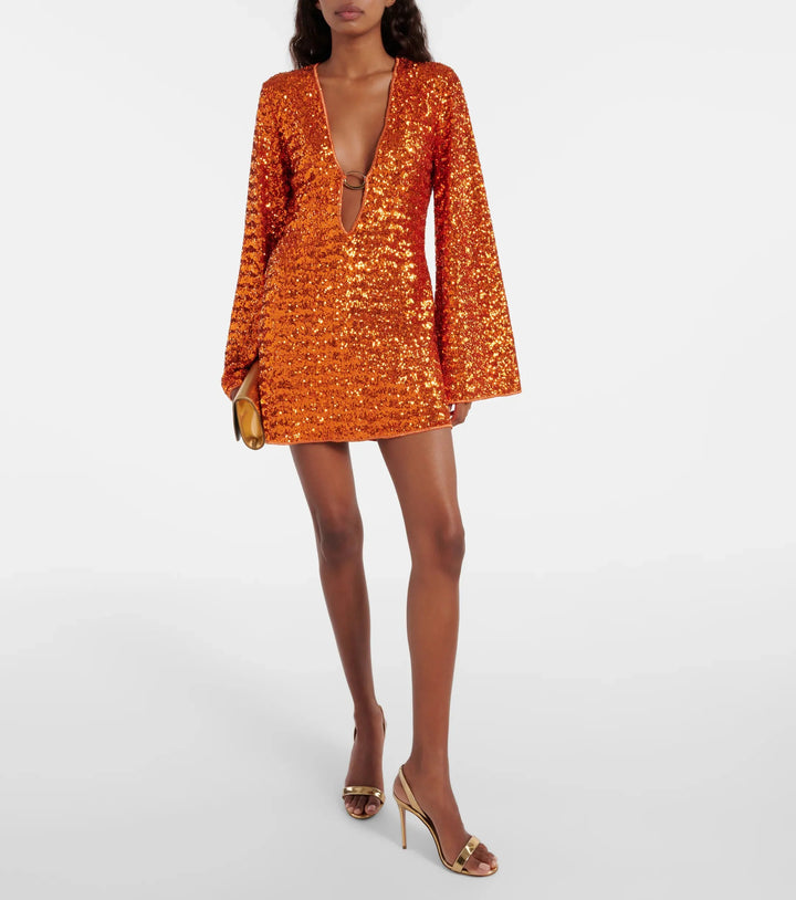 Women's Glitter Sequin Mini Dress V-Neck – Wide Sleeves Ring Detail