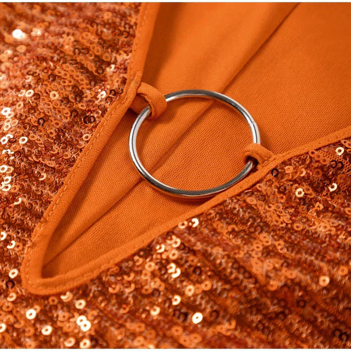 Women's Glitter Sequin Mini Dress V-Neck – Wide Sleeves Ring Detail