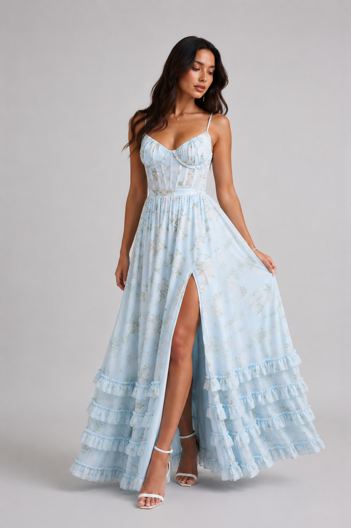 Boho Maxi Dress – Ruffle A-Line Silhouette with High Slit