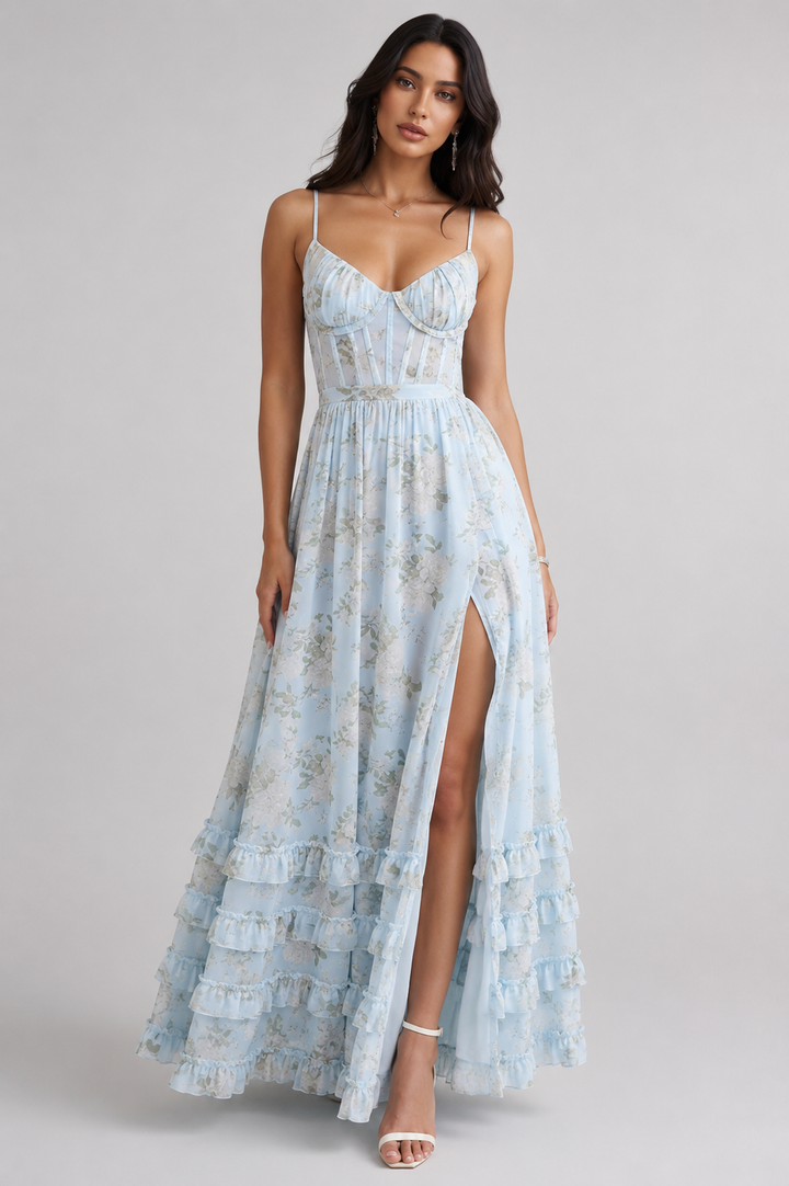 Boho Maxi Dress – Ruffle A-Line Silhouette with High Slit