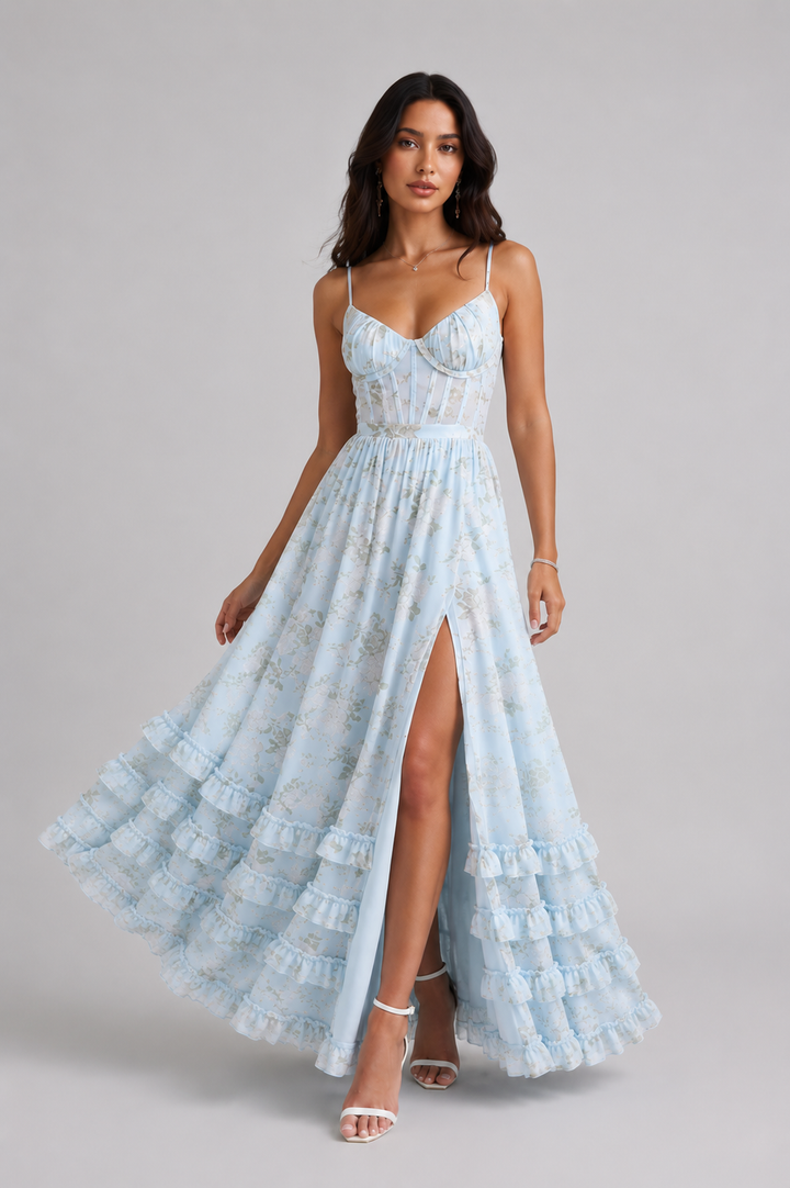 Boho Maxi Dress – Ruffle A-Line Silhouette with High Slit