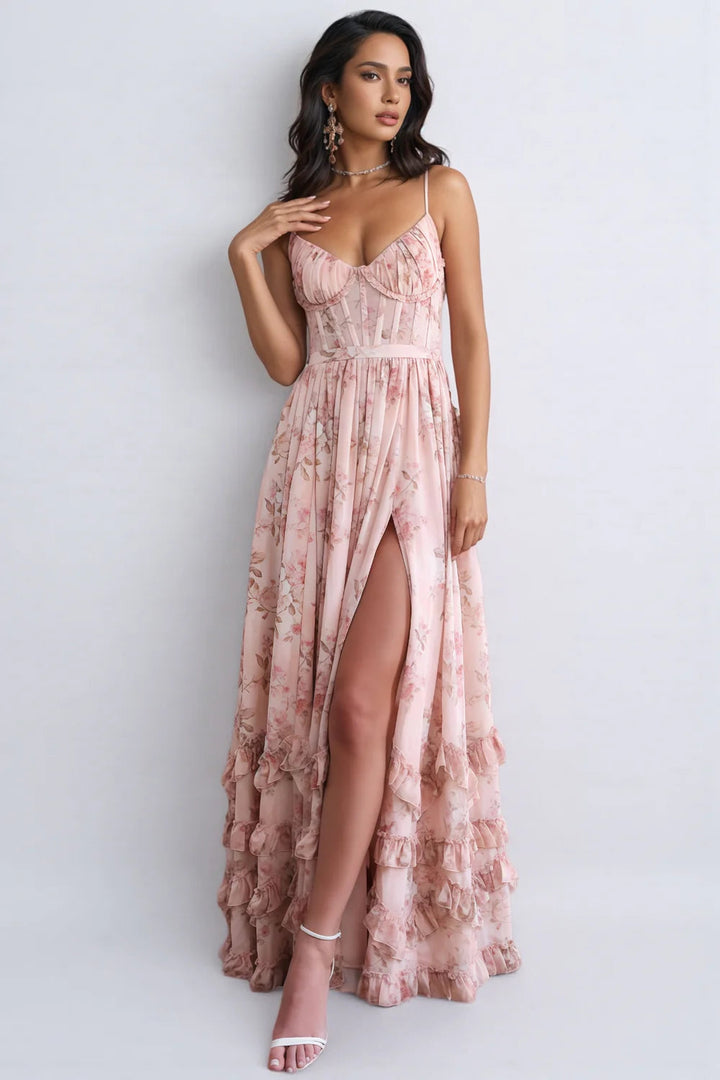 Boho Maxi Dress – Ruffle A-Line Silhouette with High Slit