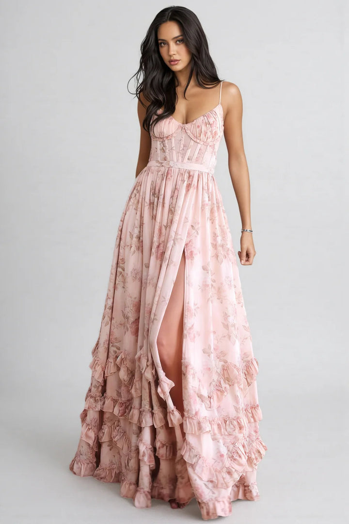 Boho Maxi Dress – Ruffle A-Line Silhouette with High Slit