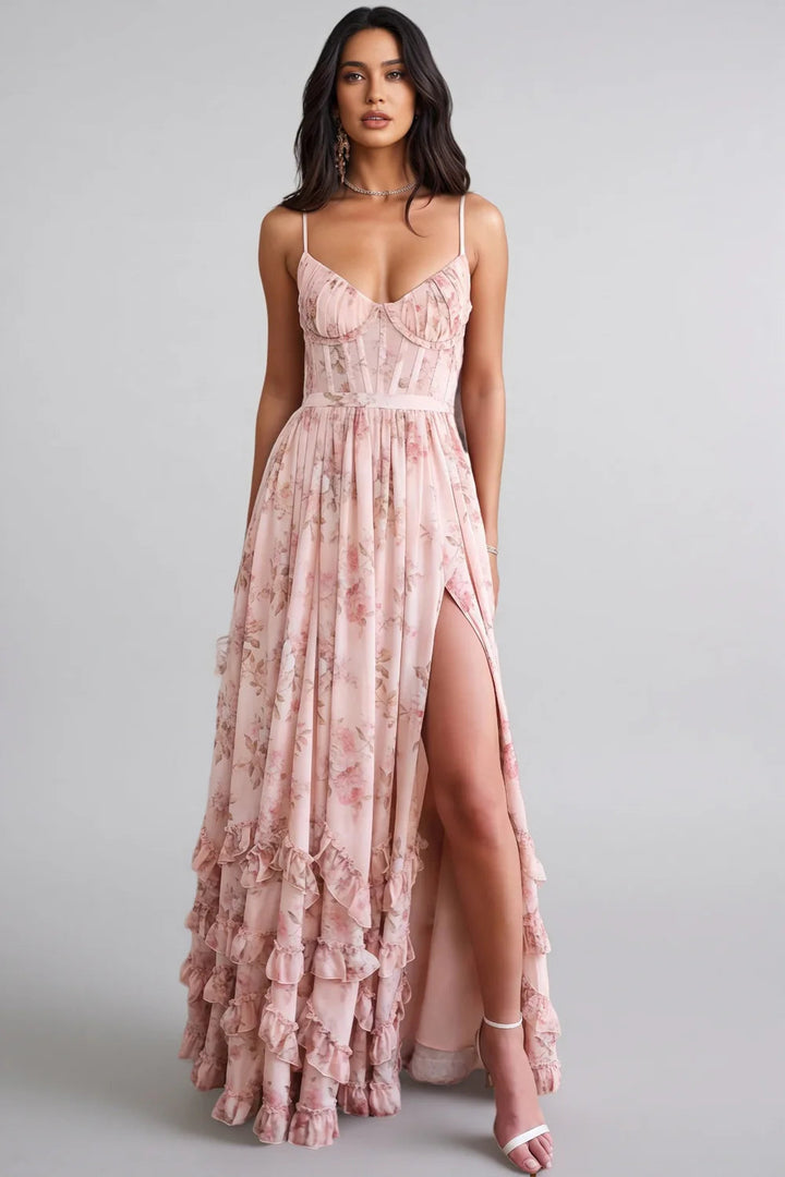 Boho Maxi Dress – Ruffle A-Line Silhouette with High Slit