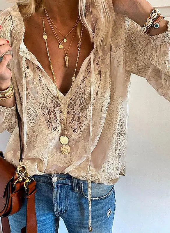 Women's Bohemian V-Neck Blouse Long Sleeve – Flowing Intricate Detail