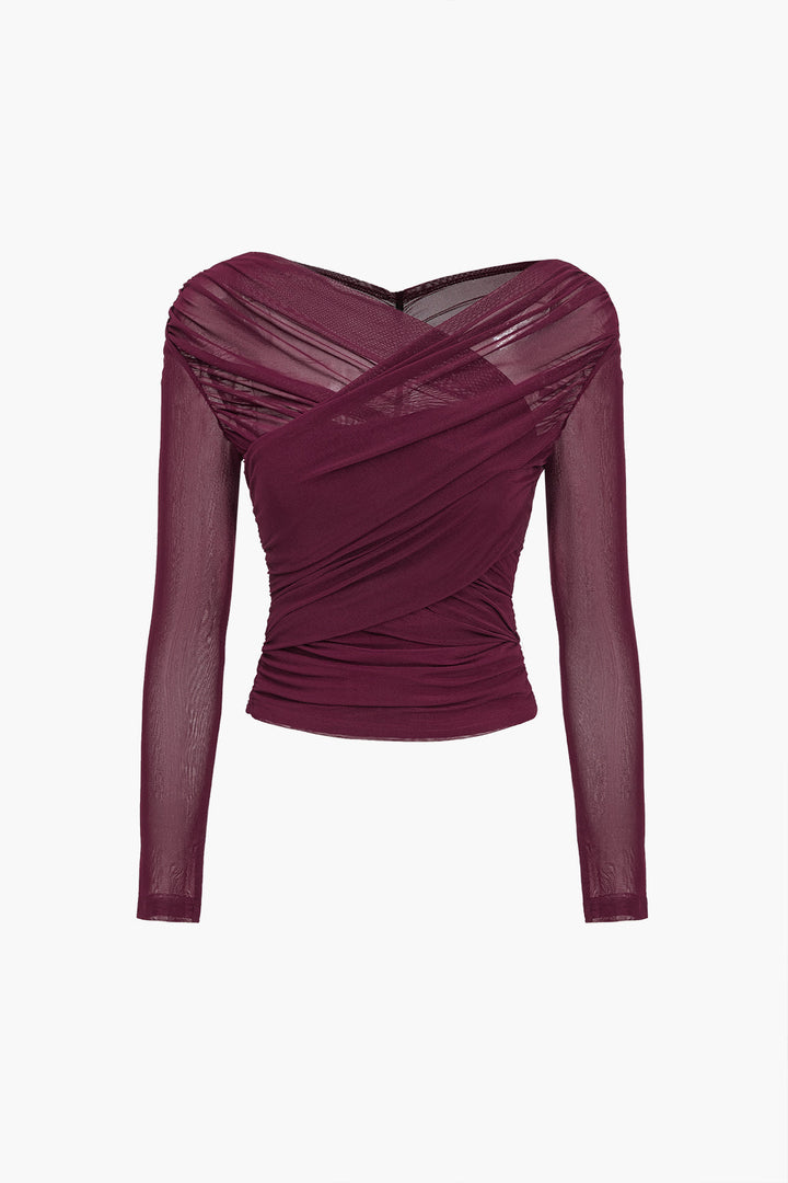 Women's Ruched Mesh Top Cross-Wrap Off-Shoulder – Long Sleeve Fitted