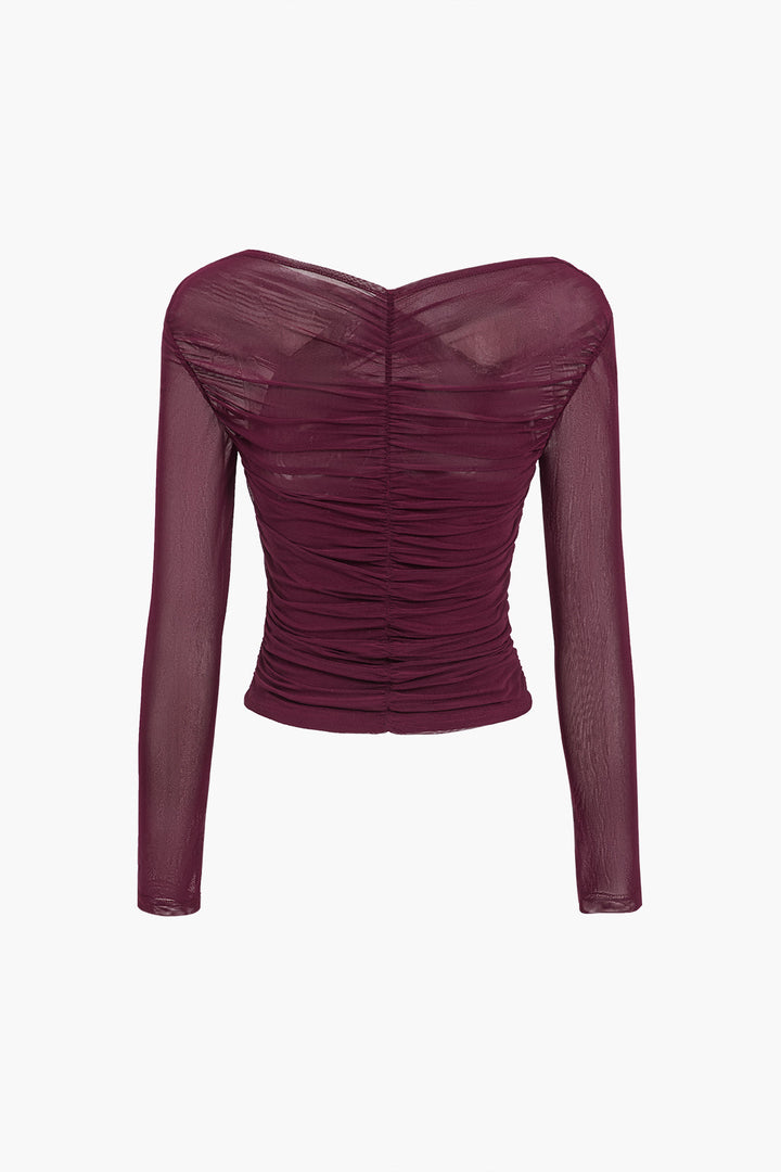 Women's Ruched Mesh Top Cross-Wrap Off-Shoulder – Long Sleeve Fitted
