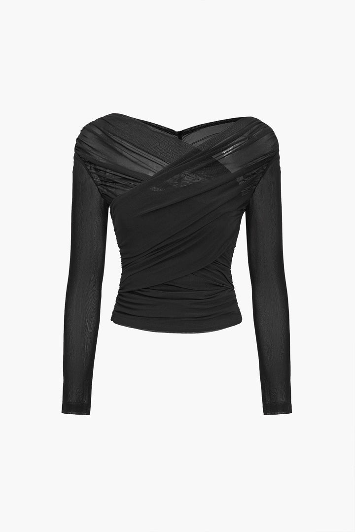 Women's Ruched Mesh Top Cross-Wrap Off-Shoulder – Long Sleeve Fitted