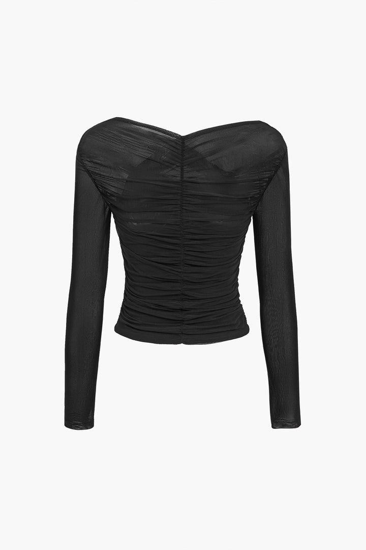 Women's Ruched Mesh Top Cross-Wrap Off-Shoulder – Long Sleeve Fitted