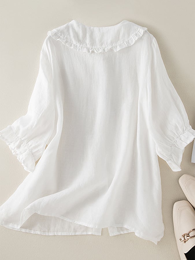 Women's Ruffle Collar Top Half Sleeve Button-Front – Loose Fit Summer