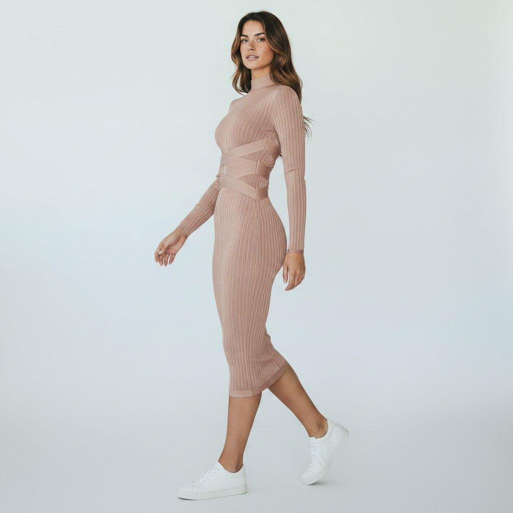 Long Sleeve Midi Dress Soft Knit Round Neck – Elegant Fitted Style