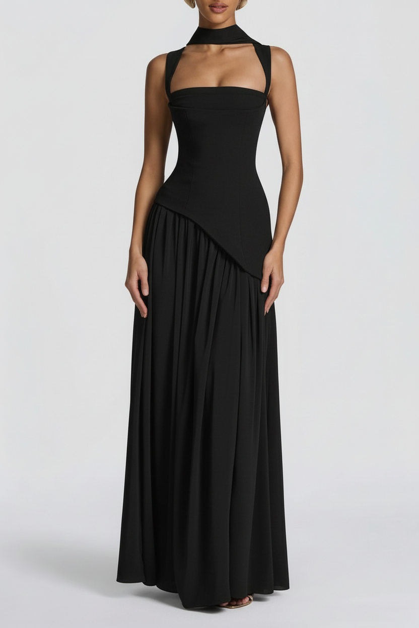 Women's Maxi Dress Square Neck High Slit – Pleated Choker Strap