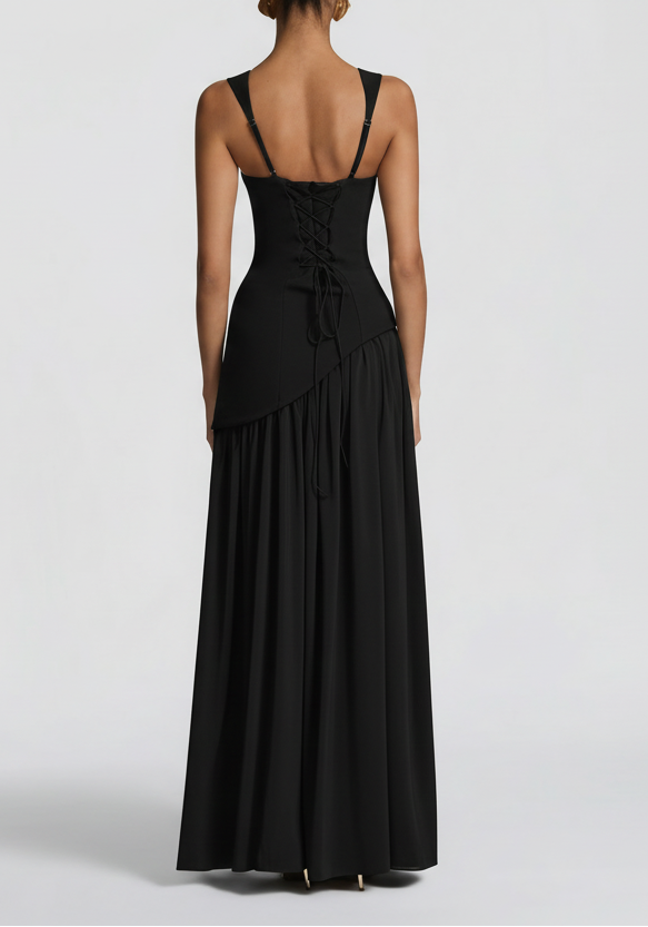 Women's Maxi Dress Square Neck High Slit – Pleated Choker Strap