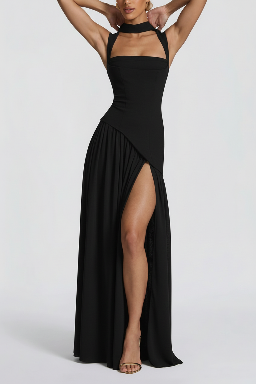 Women's Maxi Dress Square Neck High Slit – Pleated Choker Strap