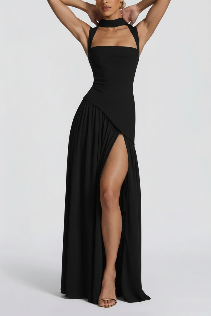 Women's Maxi Dress Square Neck High Slit – Pleated Choker Strap
