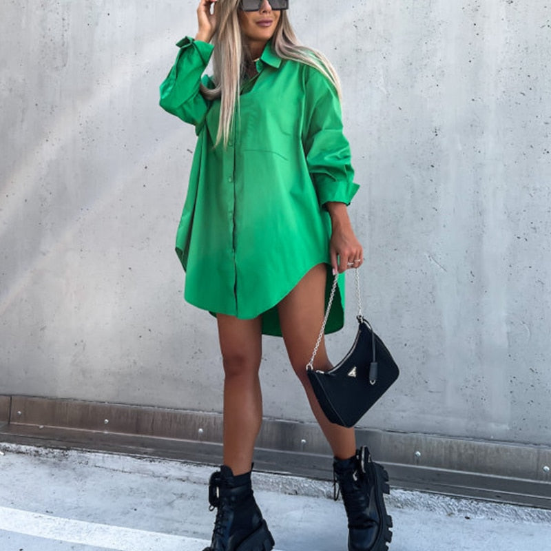 Women's Oversized Shirt Dress Long Sleeve – Point Collar High-Low