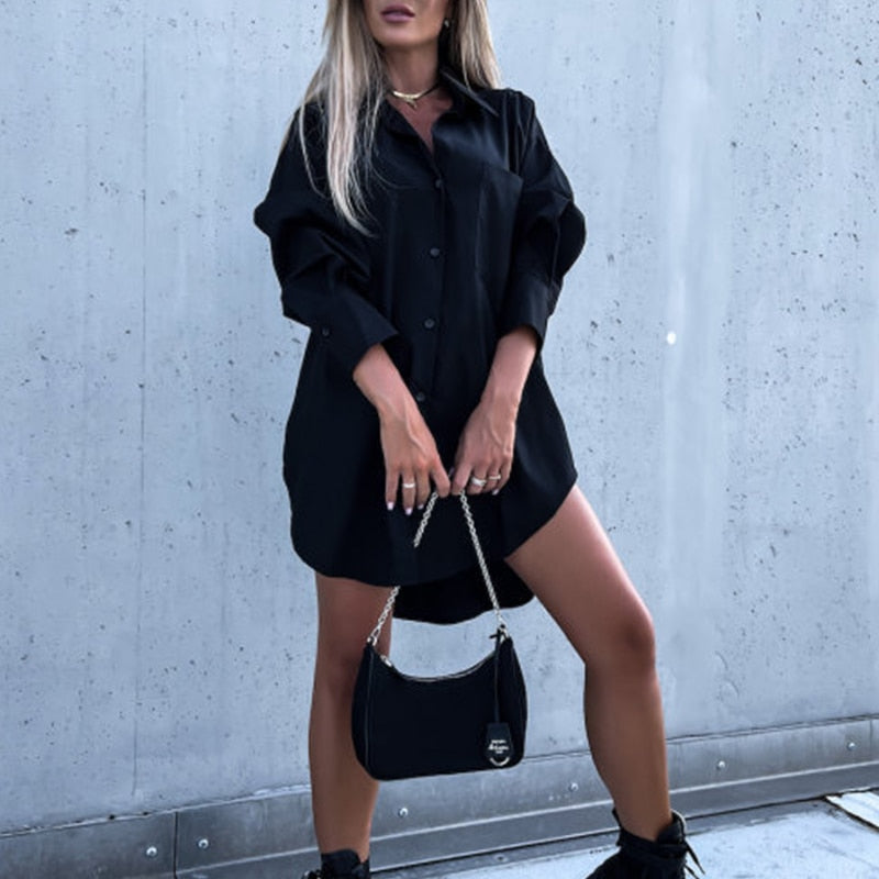 Women's Oversized Shirt Dress Long Sleeve – Point Collar High-Low
