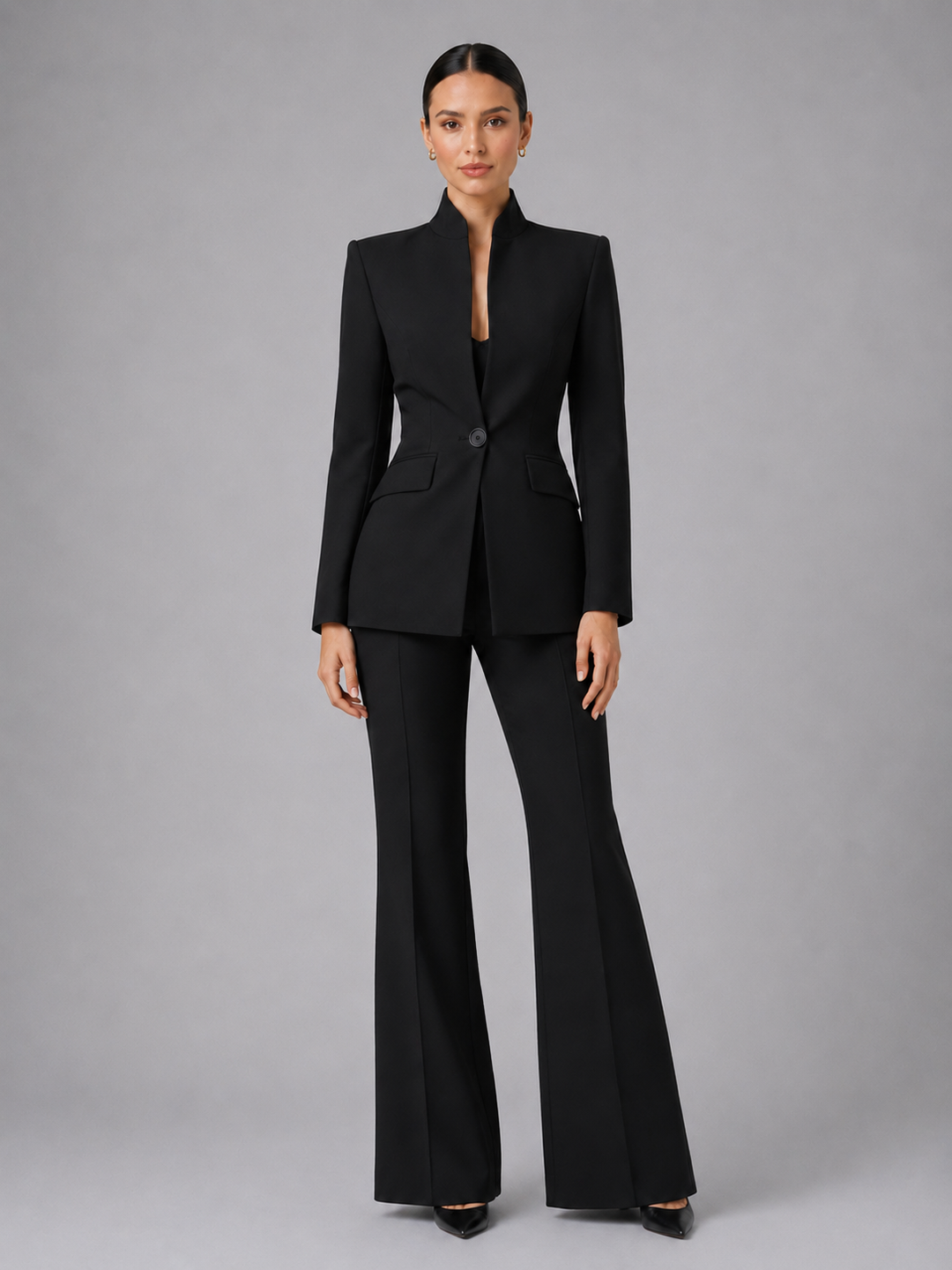 Women's Tailored Two Piece Suit – Stand Collar Wide Leg