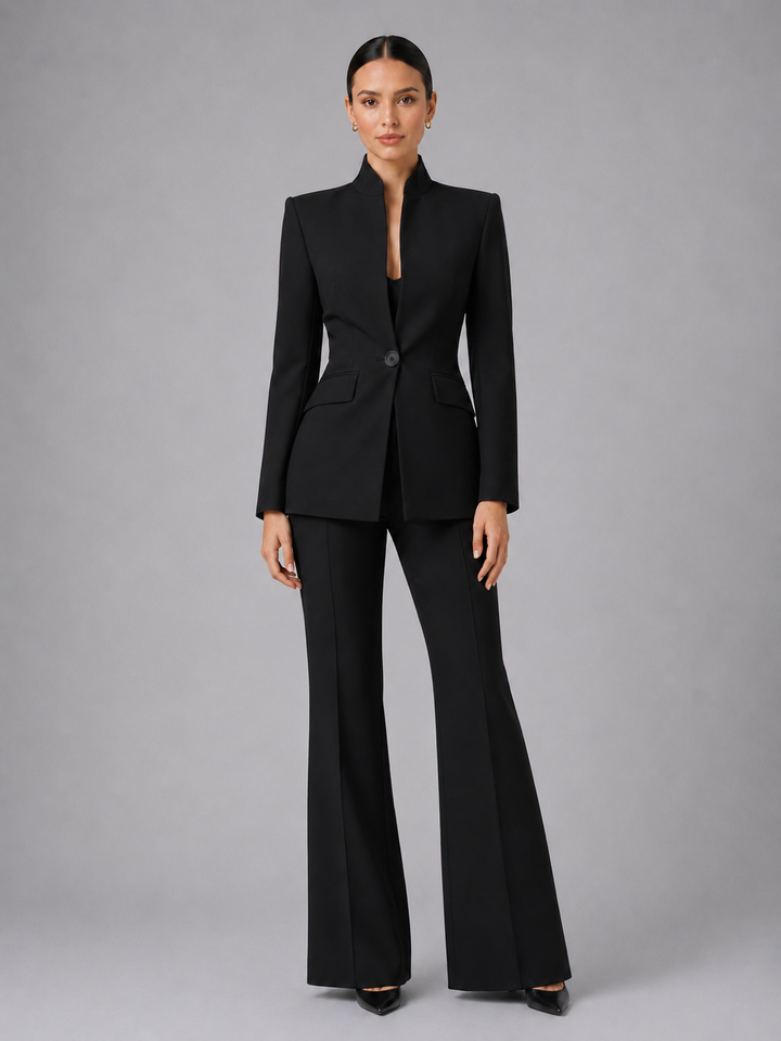 Women's Tailored Two Piece Suit – Stand Collar Wide Leg