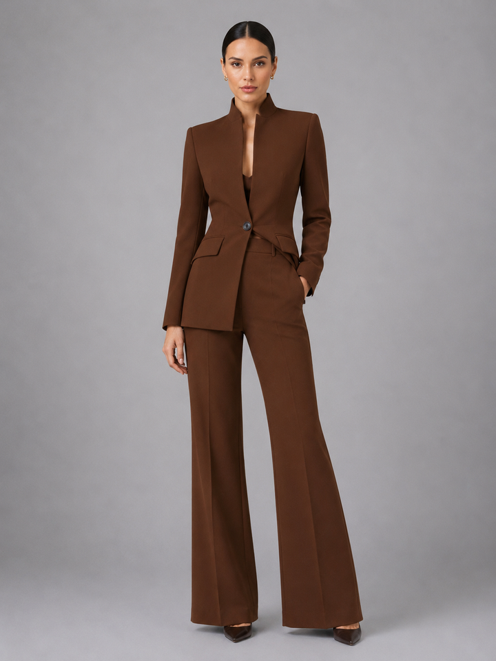 Women's Tailored Two Piece Suit – Stand Collar Wide Leg