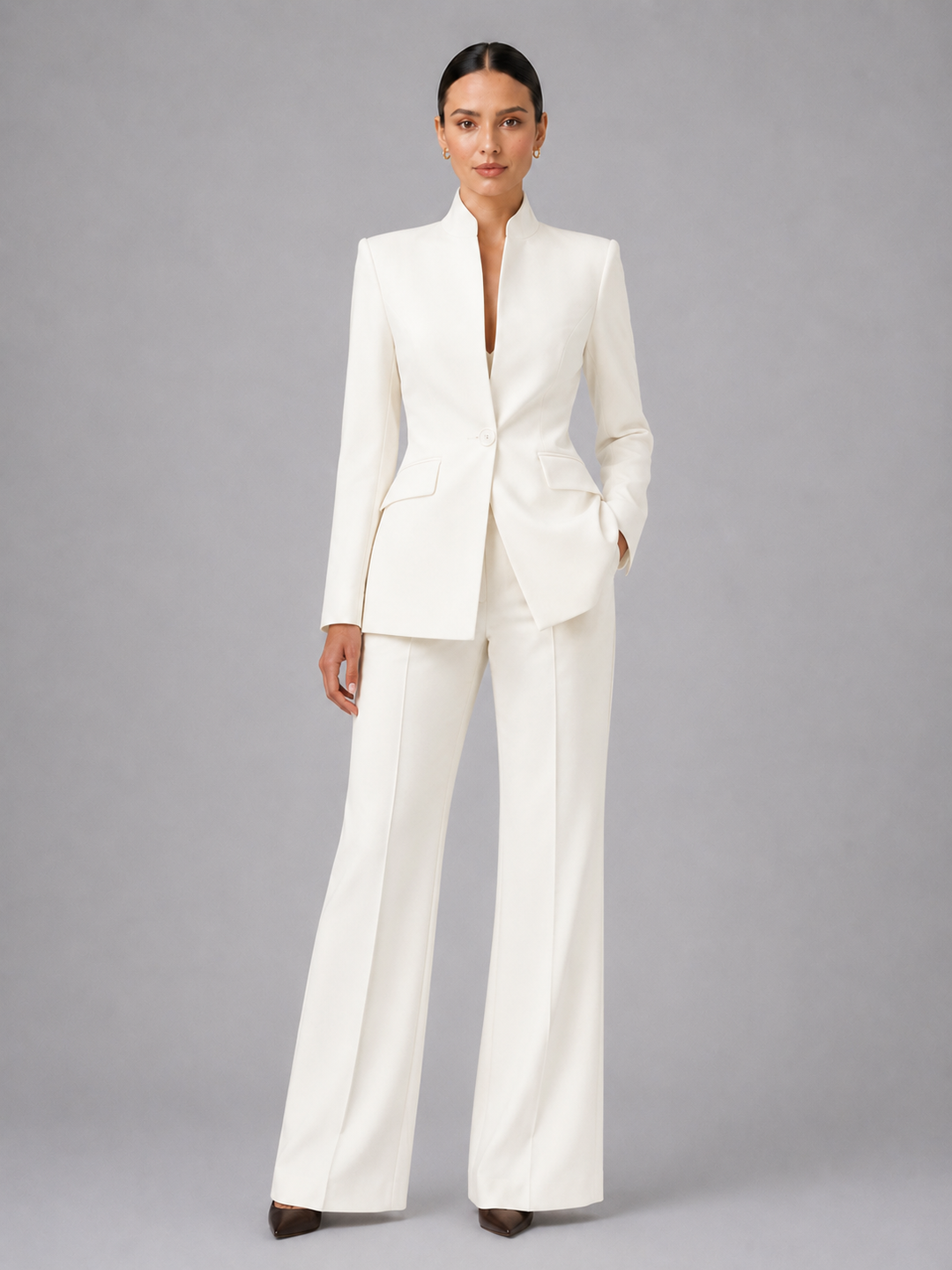 Women's Tailored Two Piece Suit – Stand Collar Wide Leg