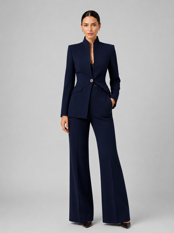 Women's Tailored Two Piece Suit – Stand Collar Wide Leg