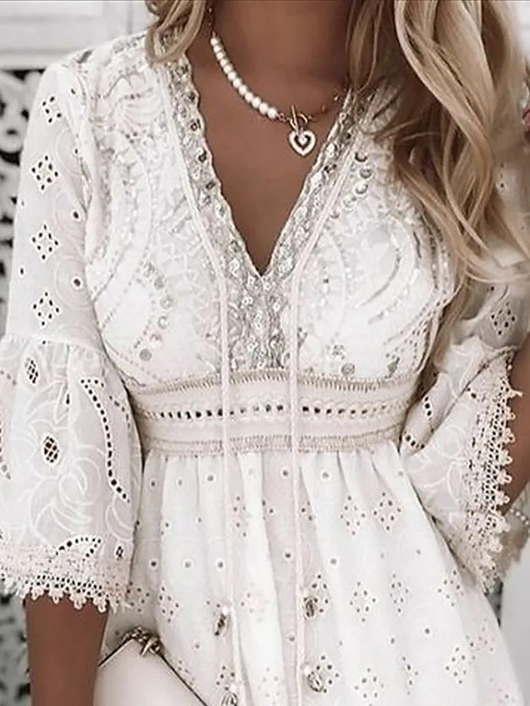 Women's Bohemian V-Neck Midi Dress 3/4 Sleeve – Loose Breathable