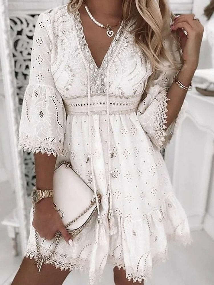 Women's Bohemian V-Neck Midi Dress 3/4 Sleeve – Loose Breathable