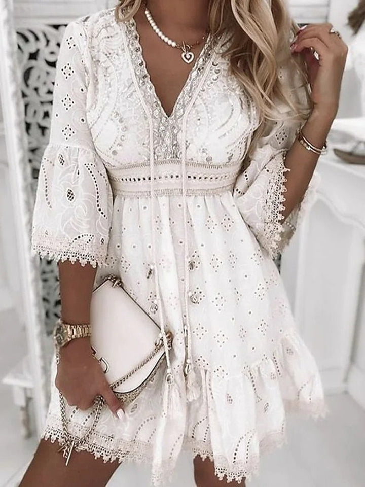 Women's Bohemian V-Neck Midi Dress 3/4 Sleeve – Loose Breathable