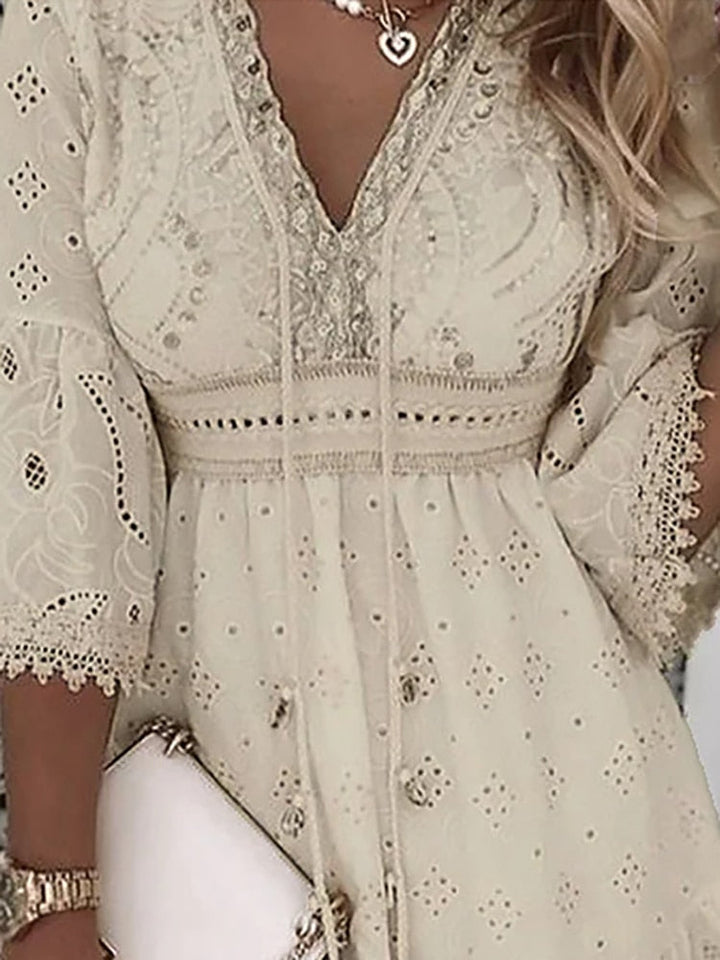 Women's Bohemian V-Neck Midi Dress 3/4 Sleeve – Loose Breathable