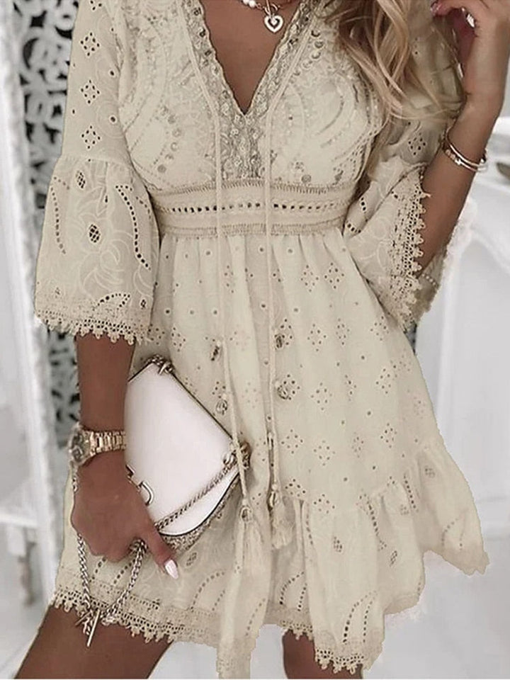 Women's Bohemian V-Neck Midi Dress 3/4 Sleeve – Loose Breathable