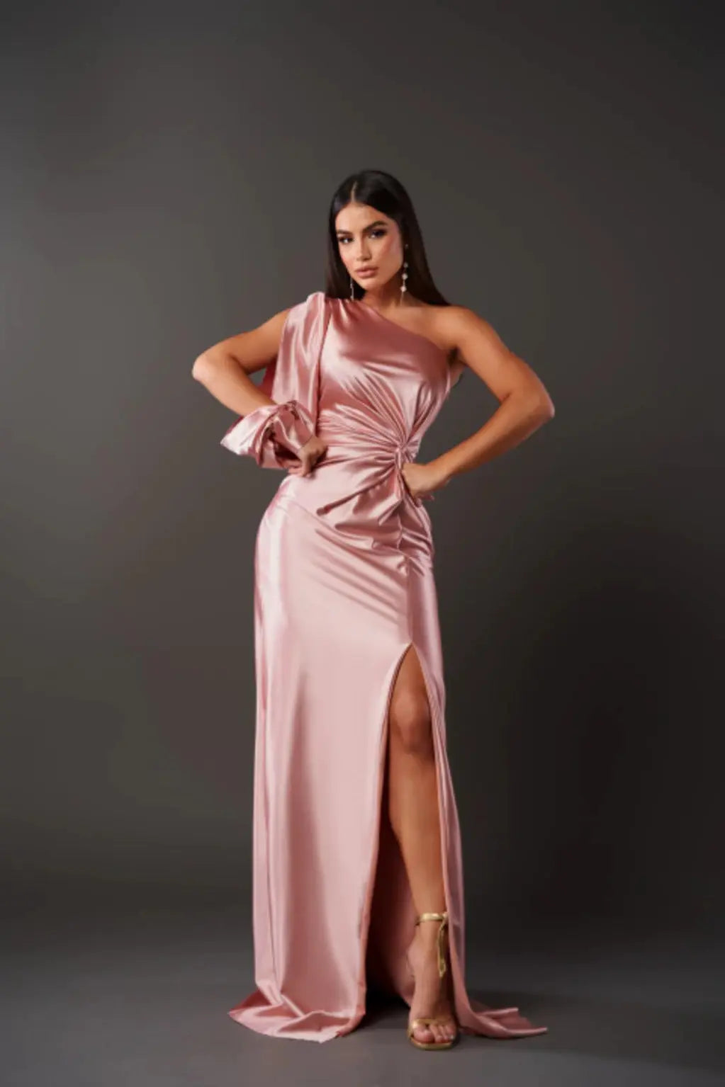 Women's One-Shoulder Maxi Dress Ruched Waist – Long Sleeve Slit