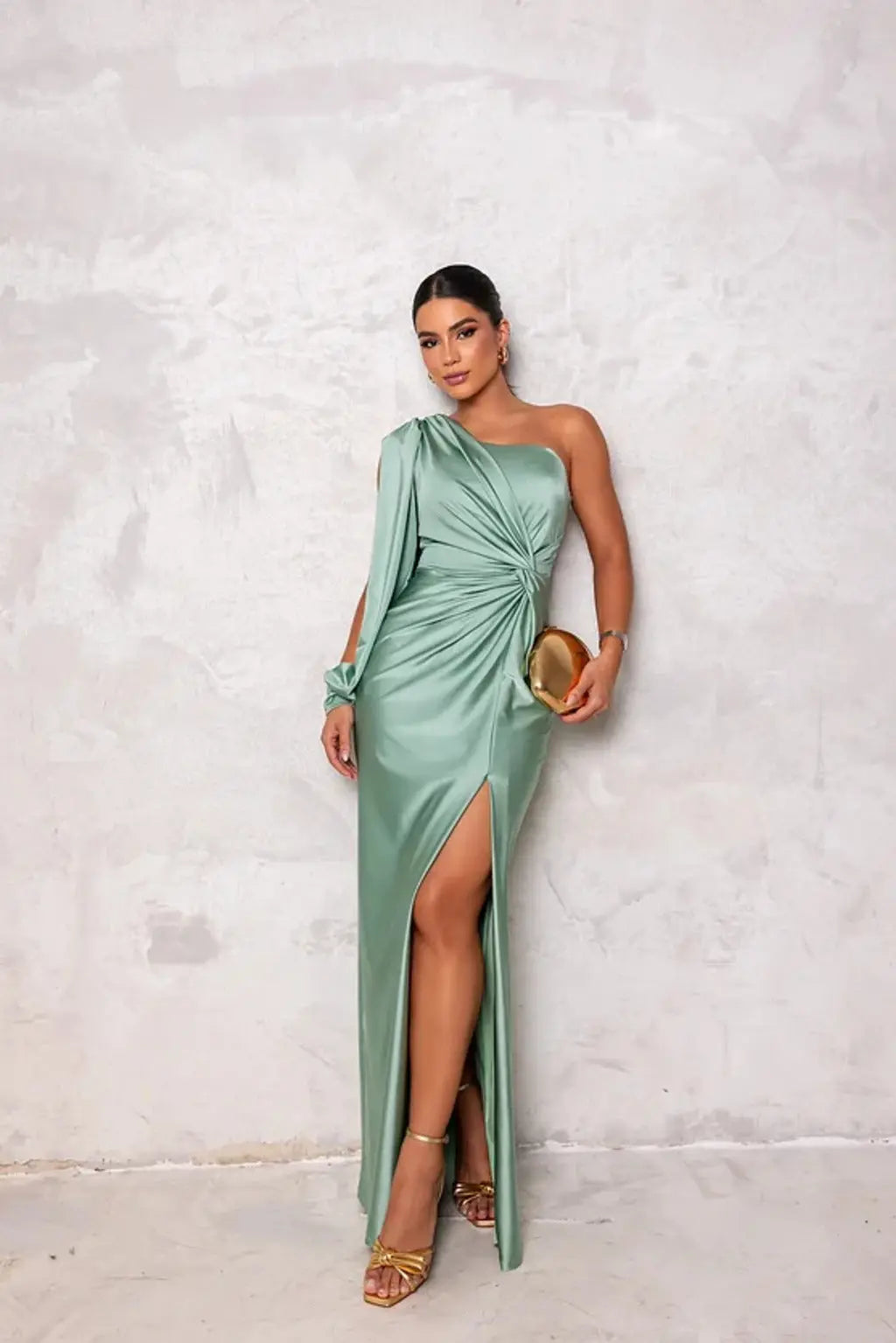 Women's One-Shoulder Maxi Dress Ruched Waist – Long Sleeve Slit