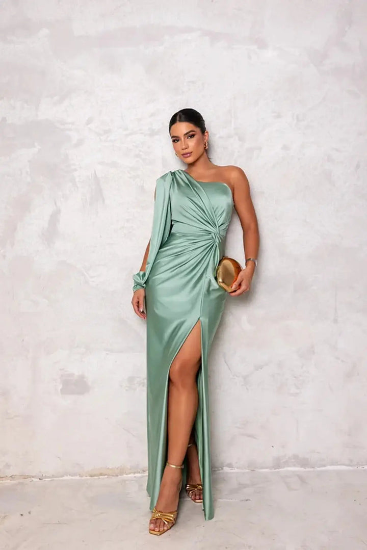Women's One-Shoulder Maxi Dress Ruched Waist – Long Sleeve Slit