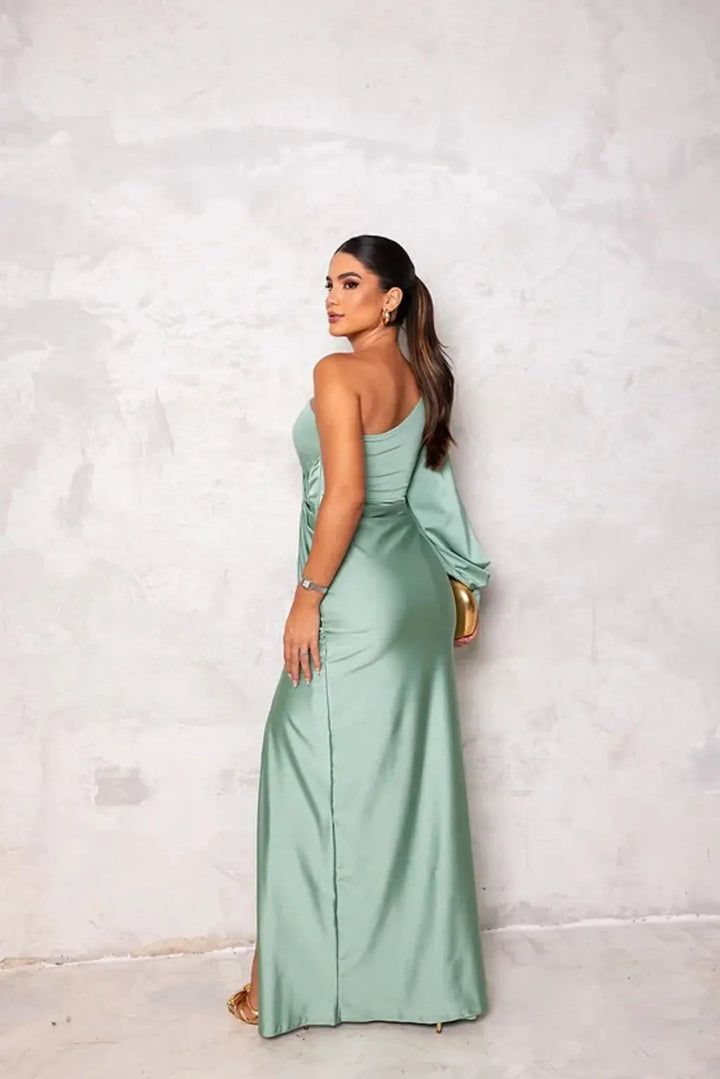 Women's One-Shoulder Maxi Dress Ruched Waist – Long Sleeve Slit