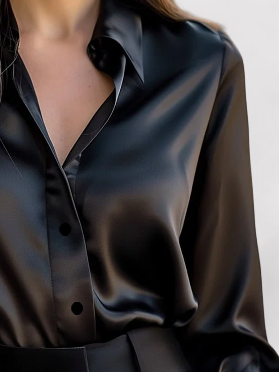 Women's Satin Blend Blouse Classic Collar Long Sleeve – Relaxed Fluid