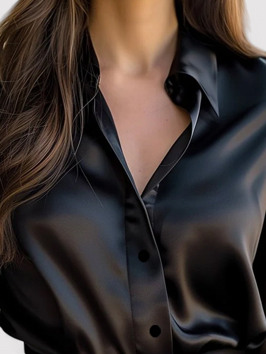 Women's Satin Blend Blouse Classic Collar Long Sleeve – Relaxed Fluid