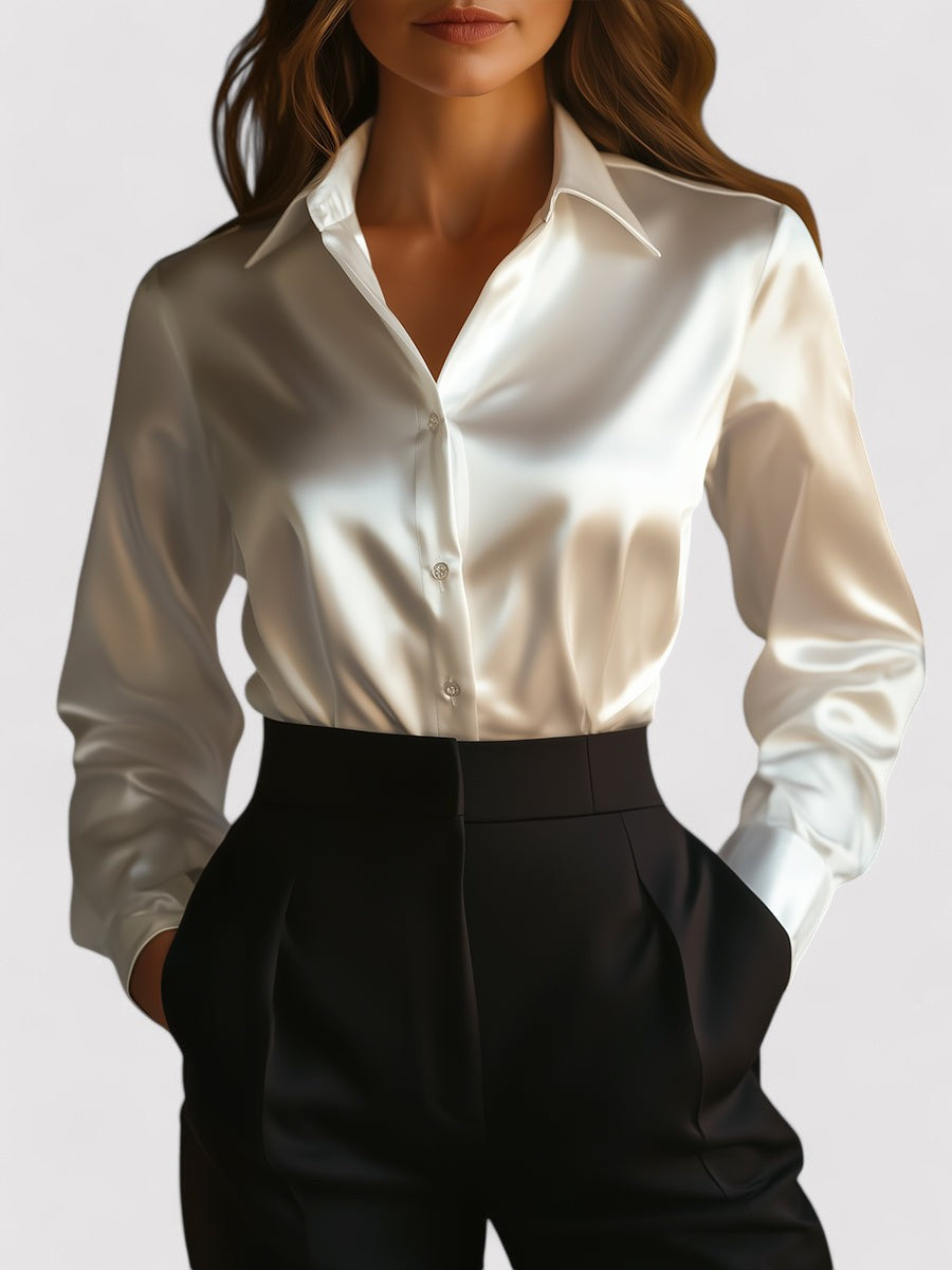Women's Satin Blend Blouse Classic Collar Long Sleeve – Relaxed Fluid