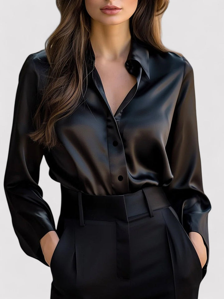 Women's Satin Blend Blouse Classic Collar Long Sleeve – Relaxed Fluid
